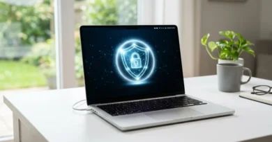 MacBook on a clean desk with a glowing digital shield on screen representing malware protection and cybersecurity for Apple computers