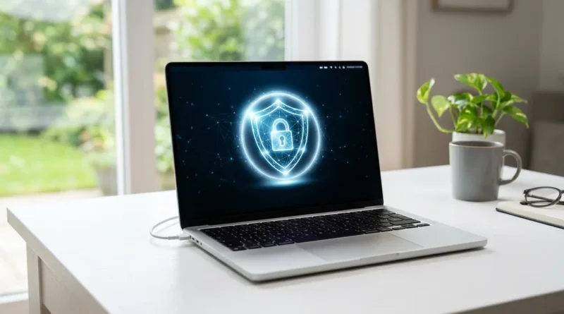 MacBook on a clean desk with a glowing digital shield on screen representing malware protection and cybersecurity for Apple computers