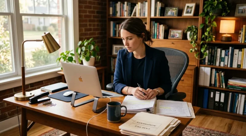 Person reviewing legal documents at a desk while searching for free legal advice online