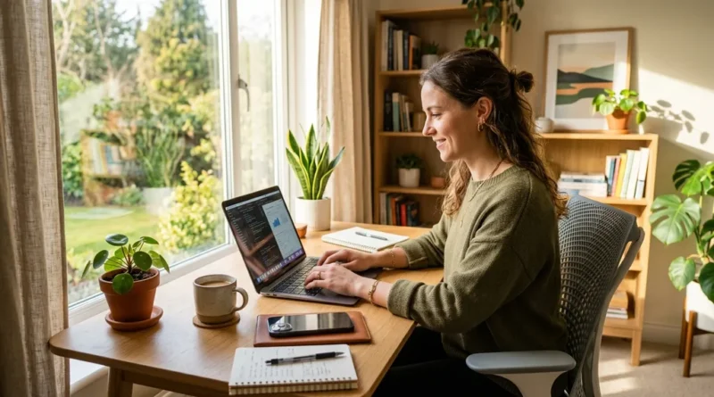 Person working from a home office on a laptop, representing ways to make money online in 2026