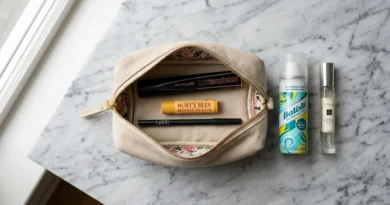 Travel toiletry bag with essential makeup items including mascara, lip balm, eyeliner, dry shampoo and roll-on perfume