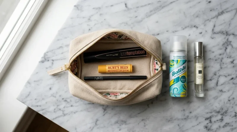 Travel toiletry bag with essential makeup items including mascara, lip balm, eyeliner, dry shampoo and roll-on perfume