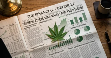Cannabis stock market charts on a financial newspaper with a marijuana leaf on a wooden desk