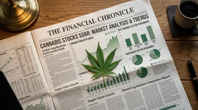 Cannabis stock market charts on a financial newspaper with a marijuana leaf on a wooden desk