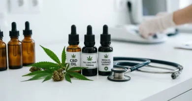 Medical marijuana CBD oil and cannabis leaves arranged with medical equipment on a clinical white background