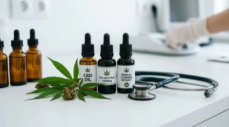 Medical marijuana CBD oil and cannabis leaves arranged with medical equipment on a clinical white background