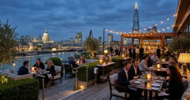 Mercer Roof Terrace London with panoramic views of The Shard and St Paul's Cathedral at dusk