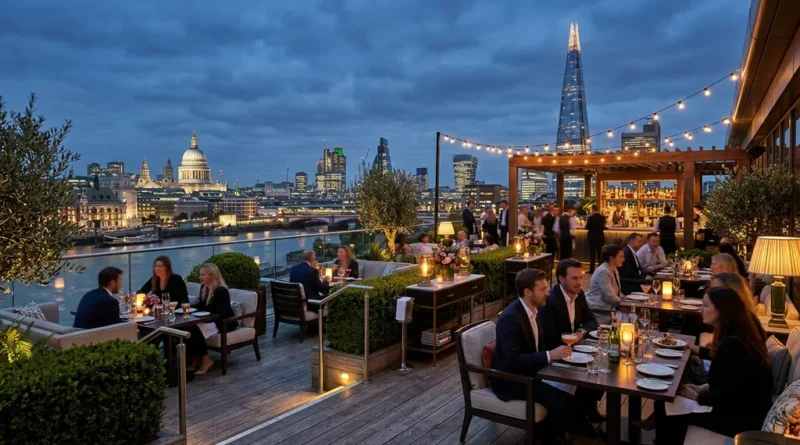 Mercer Roof Terrace London with panoramic views of The Shard and St Paul's Cathedral at dusk