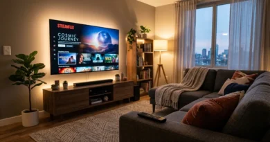 Living room with a TV showing a streaming app interface as a legal Mobdro alternative