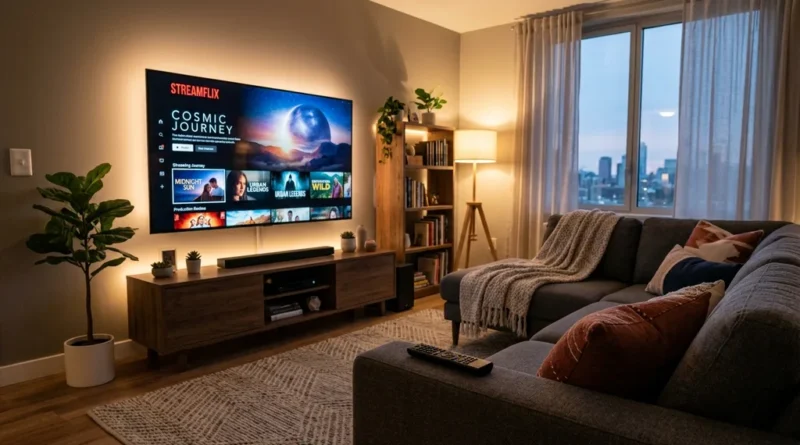 Living room with a TV showing a streaming app interface as a legal Mobdro alternative