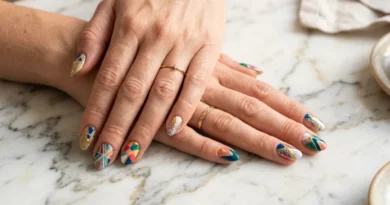 Colorful nail art designs featuring geometric patterns and glitter accents on well-manicured hands