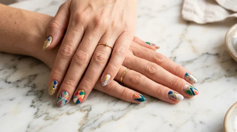 Colorful nail art designs featuring geometric patterns and glitter accents on well-manicured hands