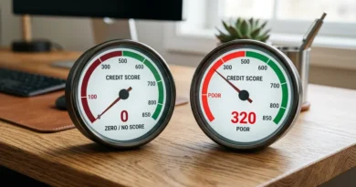 Two credit score gauges comparing no credit and bad credit side by side