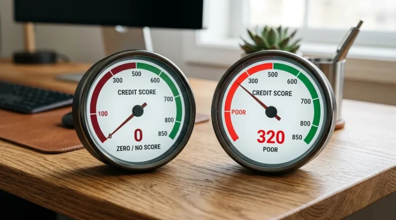 Two credit score gauges comparing no credit and bad credit side by side