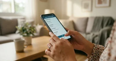 Person applying for an online loan on a smartphone in a modern home setting