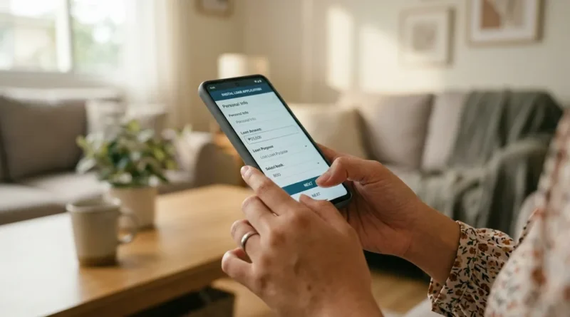 Person applying for an online loan on a smartphone in a modern home setting