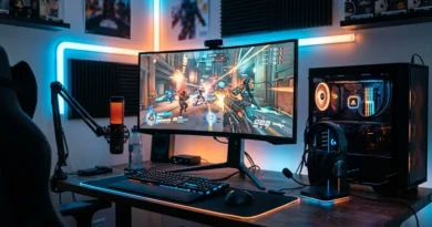 PC gaming setup with headset and microphone for Overwatch voice chat troubleshooting