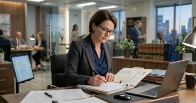 Personal injury lawyer reviewing case documents at a law office desk