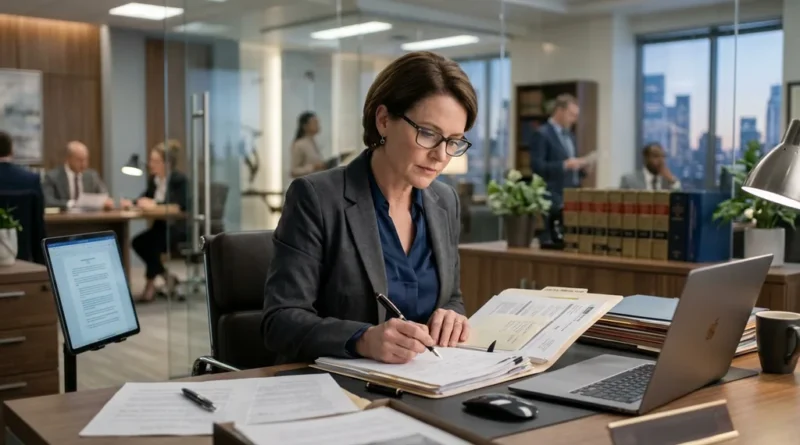 Personal injury lawyer reviewing case documents at a law office desk
