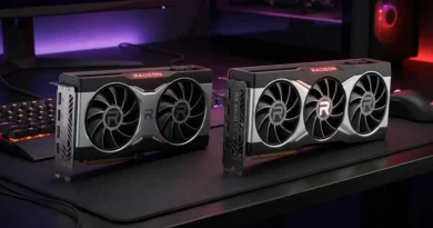 AMD Radeon RX 6800 and RX 6800 XT graphics cards side by side on a gaming desk with RGB lighting