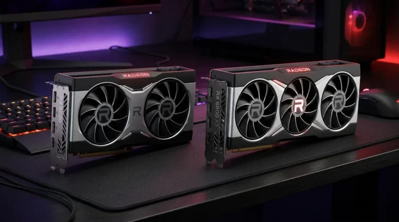AMD Radeon RX 6800 and RX 6800 XT graphics cards side by side on a gaming desk with RGB lighting