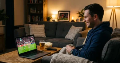 Person watching live sports streaming on a laptop from home couch