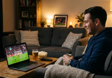 Person watching live sports streaming on a laptop from home couch