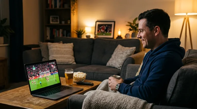 Person watching live sports streaming on a laptop from home couch