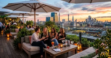 Skylark Roof Garden London — rooftop bar with cocktails, green plants, and panoramic West London skyline at sunset