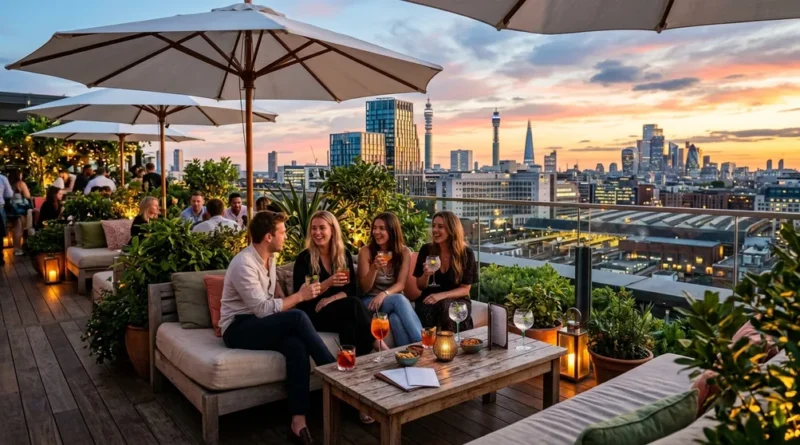 Skylark Roof Garden London — rooftop bar with cocktails, green plants, and panoramic West London skyline at sunset