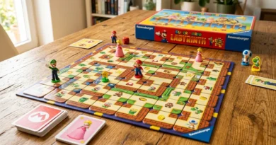Super Mario Labyrinth board game by Ravensburger with maze tiles and Mario character pieces on a table