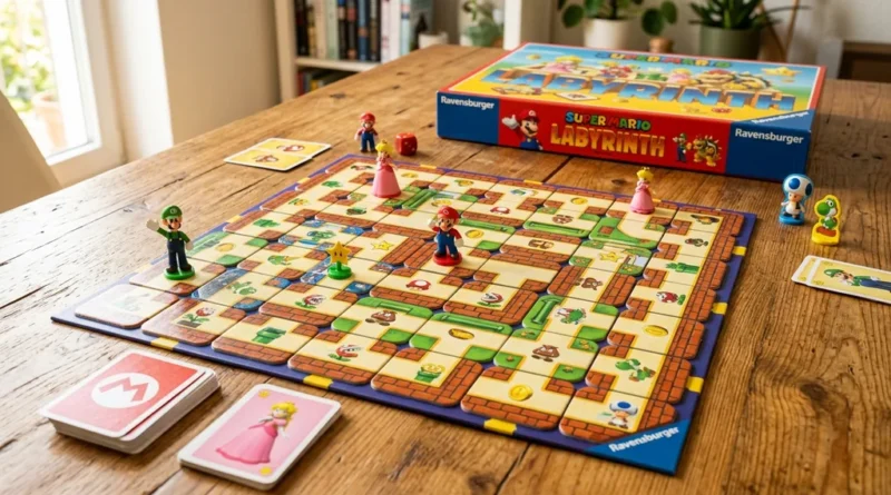 Super Mario Labyrinth board game by Ravensburger with maze tiles and Mario character pieces on a table