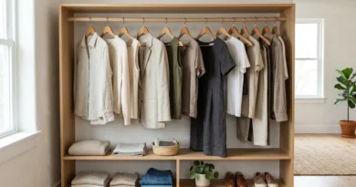 Minimalist sustainable wardrobe with curated neutral clothing on wooden hangers
