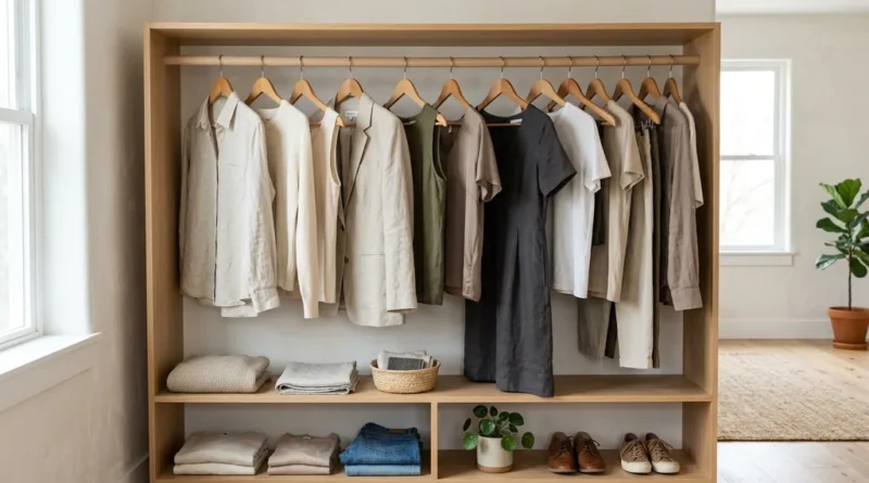 Minimalist sustainable wardrobe with curated neutral clothing on wooden hangers