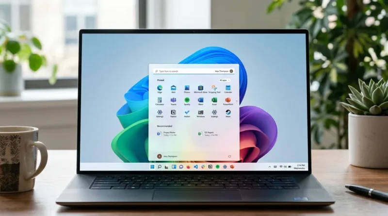 Windows 11 desktop with taskbar and Start menu open, illustrating a working taskbar not working fix