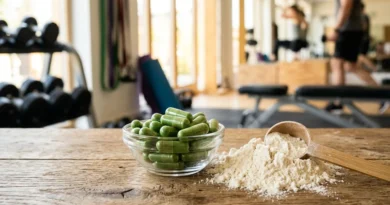 Thermogenic fat burner supplement capsules with gym equipment in the background