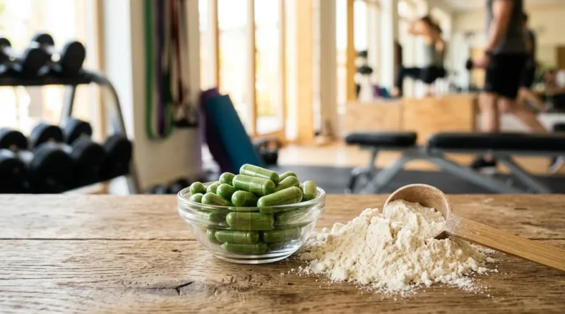 Thermogenic fat burner supplement capsules with gym equipment in the background