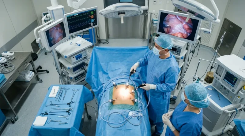 Surgeon performing laparoscopic hernia repair surgery with minimally invasive instruments