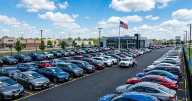 Used car dealership lot with rows of pre-owned vehicles under a clear blue sky for the used car buying guide
