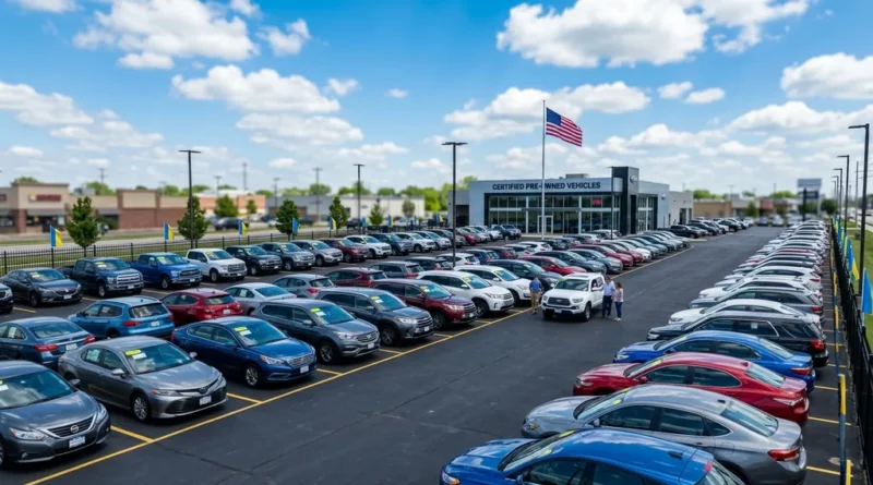 Used car dealership lot with rows of pre-owned vehicles under a clear blue sky for the used car buying guide