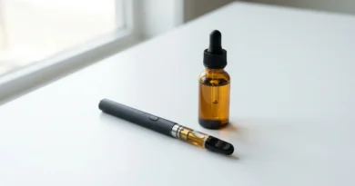 Vape pen and CBD oil bottle on a clean white surface in product photography style