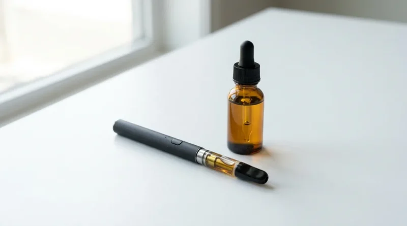 Vape pen and CBD oil bottle on a clean white surface in product photography style