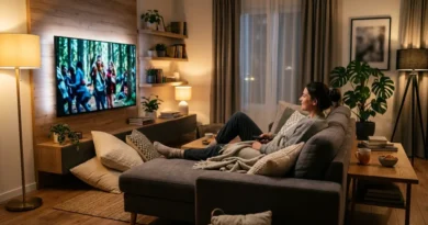 Person watching movies on a smart TV in a cozy modern living room