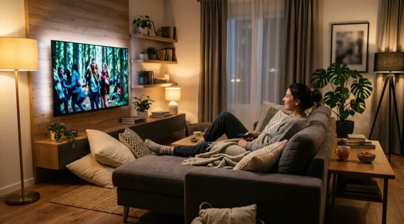 Person watching movies on a smart TV in a cozy modern living room