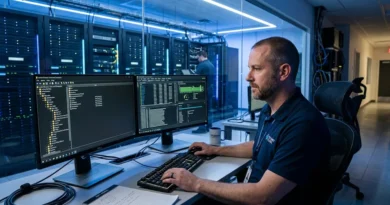 Network administrator managing Active Directory on a dual-monitor workstation with server room in background
