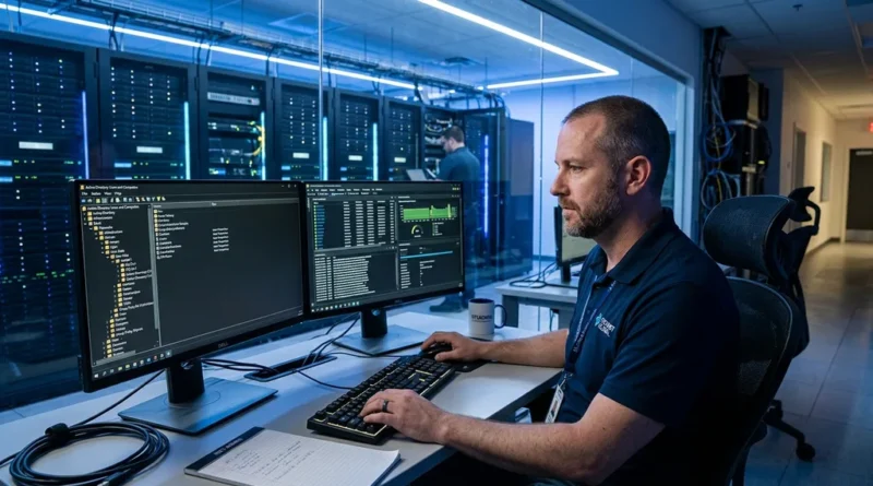 Network administrator managing Active Directory on a dual-monitor workstation with server room in background