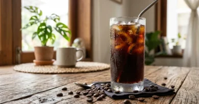 Cold brew coffee in tall glass with ice on wooden table with coffee beans nearby