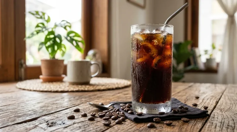 Cold brew coffee in tall glass with ice on wooden table with coffee beans nearby