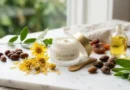 Eyevage eye cream by Solvaderm on marble surface with jojoba seeds and botanical skincare ingredients