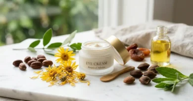 Eyevage eye cream by Solvaderm on marble surface with jojoba seeds and botanical skincare ingredients